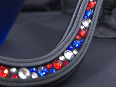 X-Deep U    *  Mix Pattern (7mm, 4mm ARIANA “NO SNAG” Hot Fix Glass Crystal)Channel Set Padded Back  *  Easy On/Off Snap   * BLACK or BROWN Italian Leather Browband  *Red (Siam), White(Clear) &amp; Blue (