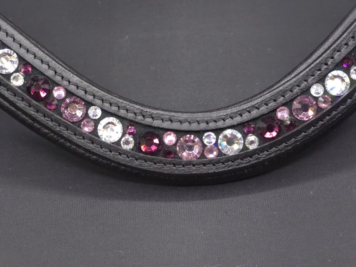 X-Deep U  *  Mix Pattern (7mm, 4mm ARIANA “NO SNAG Secure-Stitch" Hot Fix Glass Crystal)  *  Easy On/Off Snap   * Channel Set Padded Back BLACK or BROWN Italian Leather Browband  *Amethyst, Lt. Amth. 