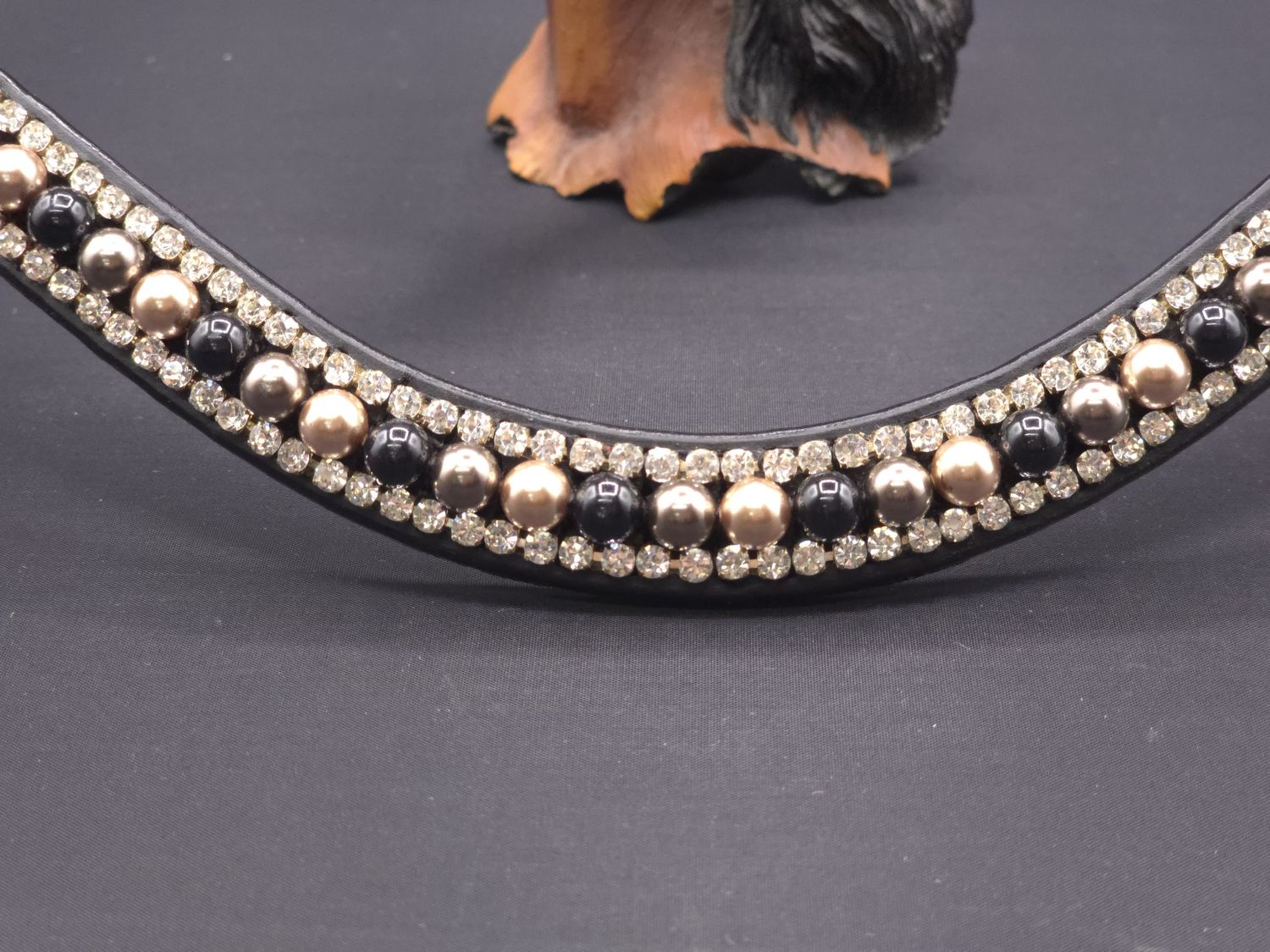 3 Row (8mm Austrian Pearl, 4mm Glass Crystal)   *  Easy On/Off Crystal Rivet Button Closure   * BLACK or BROWN Leather Browband  *Bronze, Brown, Jet Black Pearl, Crear Crystal Edge
