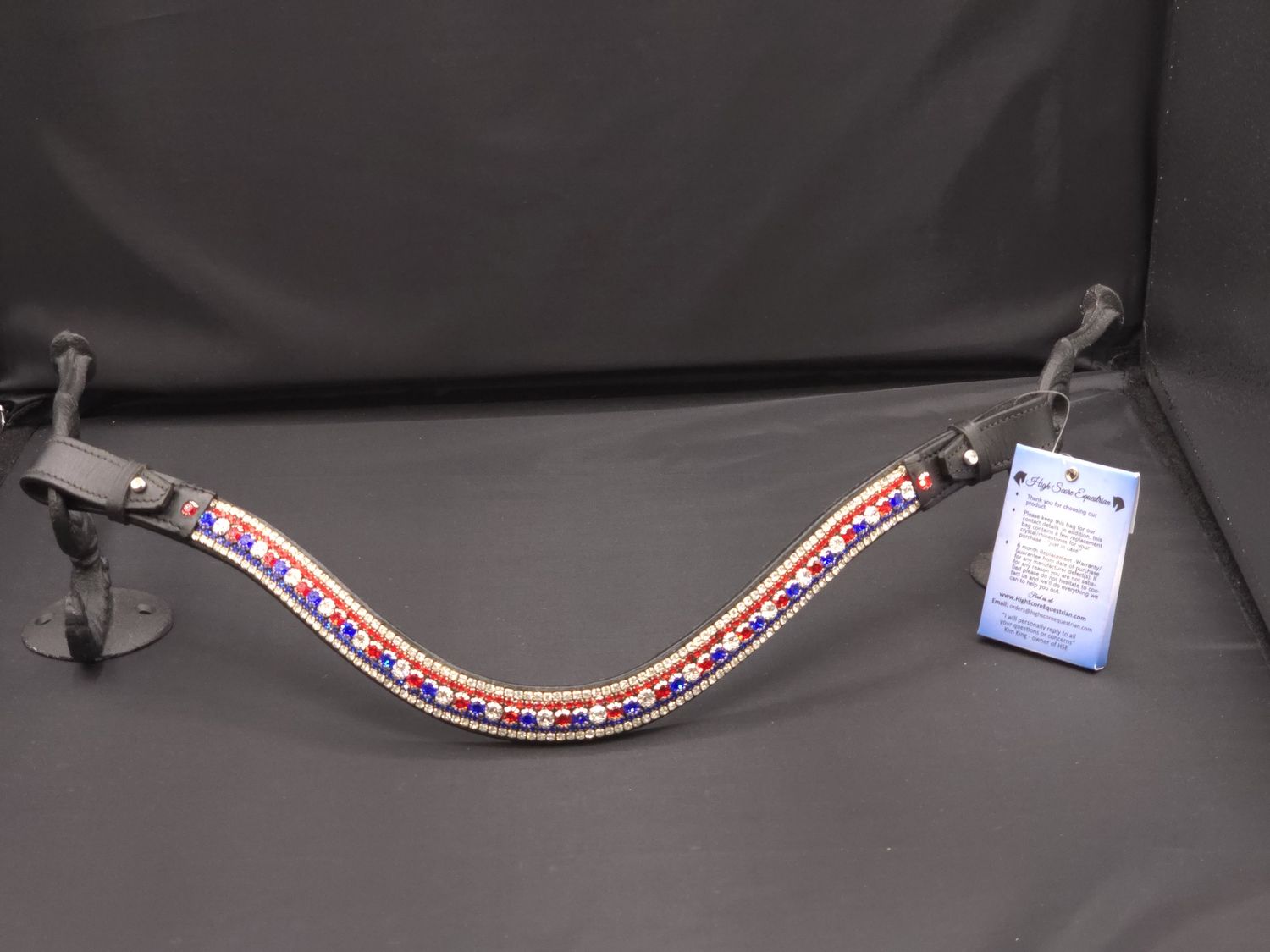 5 Row (6.5mm, 3mm Size PRECIOSA Glass Crystal)   *  Easy On/Off Crystal Rivet Button Closure   * BLACK or BROWN Leather Browband  *Red, White (Clear), Blue Crystals