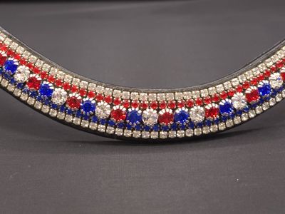 5 Row (6.5mm, 3mm Size PRECIOSA Glass Crystal)   *  Easy On/Off Crystal Rivet Button Closure   * BLACK or BROWN Leather Browband  *Red, White (Clear), Blue Crystals