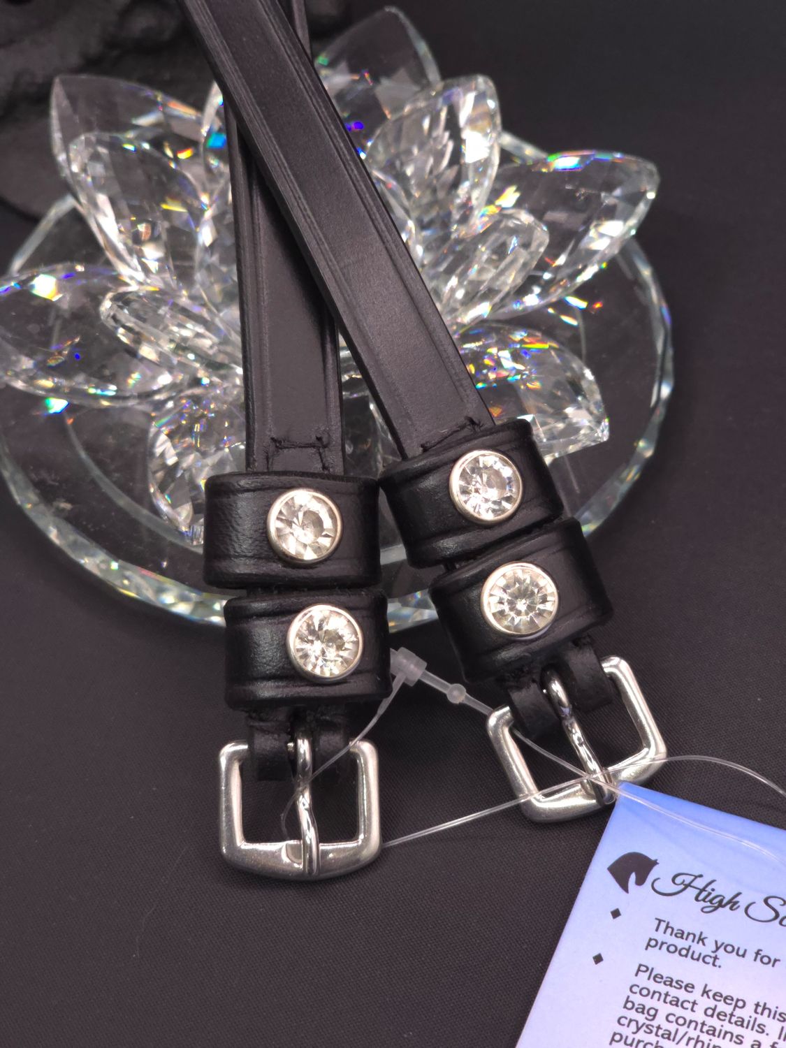 Clear Crystal Rivet 1st &amp; 2nd Keepers - High Quality English Leather - BLACK Spur Straps