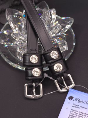 Clear Crystal Rivet 1st &amp; 2nd Keepers - High Quality English Leather - BLACK Spur Straps