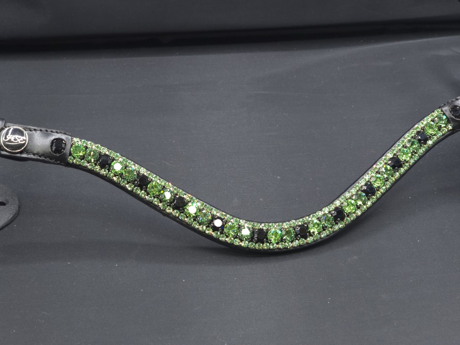 X-Deep U * 3 Row (8.5mm, 4mm PRECIOSA Glass Crystal) * Easy On/Off Snap * BLACK or BROWN Italian Leather Browband *Green Shamrock, Erinite, Jet,Erinite Edges