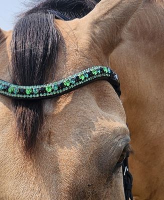 X-Deep U * 3 Row (8.5mm, 4mm PRECIOSA Glass Crystal) * Easy On/Off Snap * BLACK or BROWN Italian Leather Browband *Green Shamrock, Erinite, Jet,Erinite Edges