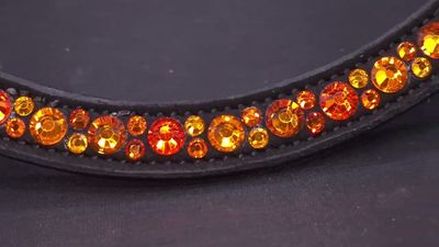 Med. U Mix Pattern (7mm, 4mm ARIANA “NO SNAG Secure-Stitch" Hot Fix Glass Crystal)  *  Easy On/Off Crystal Rivet Button Closure   * BLACK or BROWN Leather Browband  *Tangerine, Sun &amp; Hyacinth