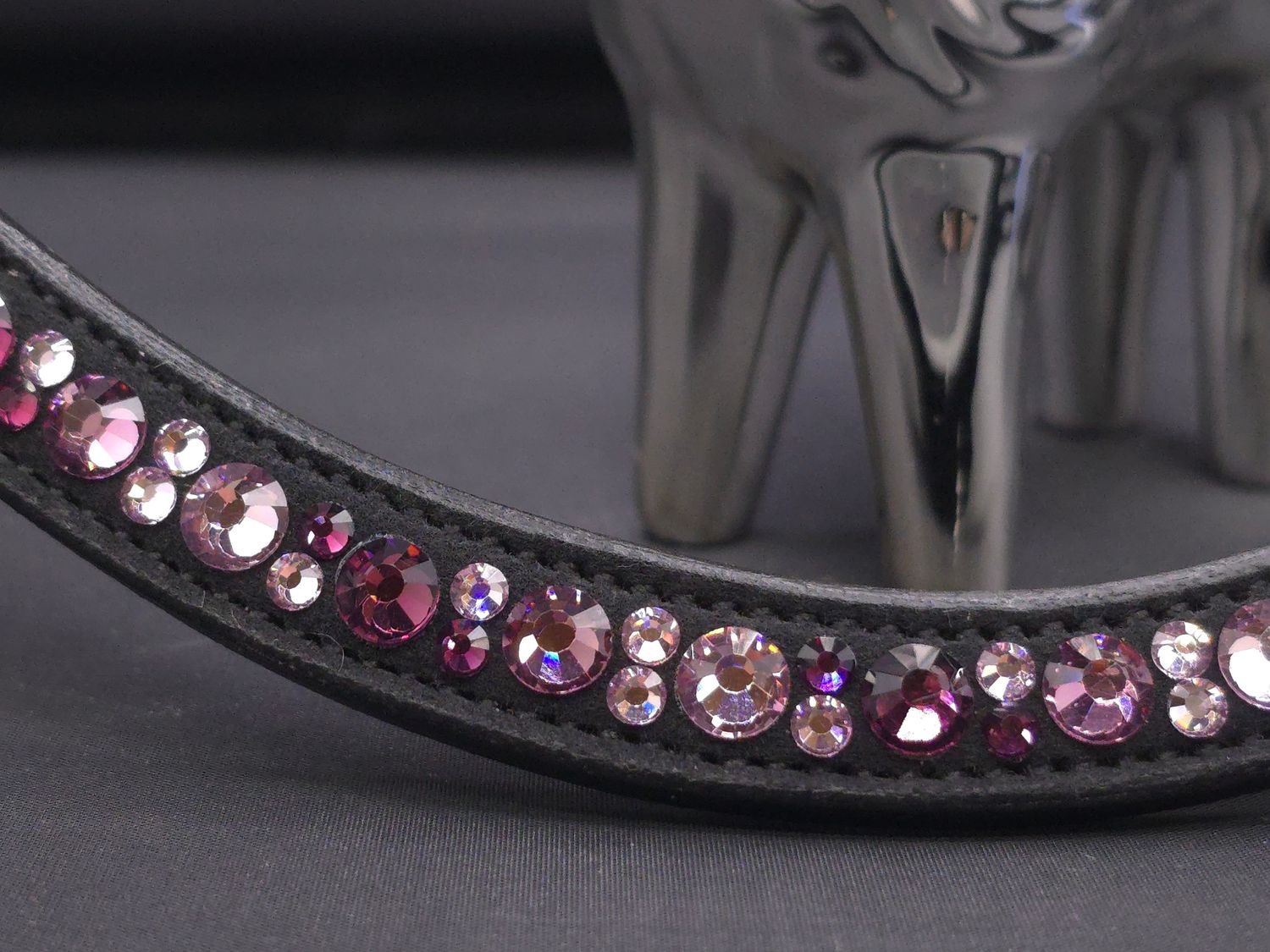 Med. U Mix Pattern (7mm, 4mm ARIANA “NO SNAG Secure-Stitch" Hot Fix Glass Crystal)  *  Easy On/Off Crystal Rivet Button Closure   * BLACK or BROWN Leather Browband  *Amethyst, Lt Amethyst &amp; Iris Mix