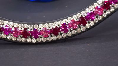 Med. U Shape 3 Row 8.5/4m PRECIOSA Glass Crystal)   * Easy On/Off Crystal Rivet Button Closure   *  BLACK or BROWN Leather Browband  *(PINK) Rose, Fuschia, Ruby &amp; Clear
