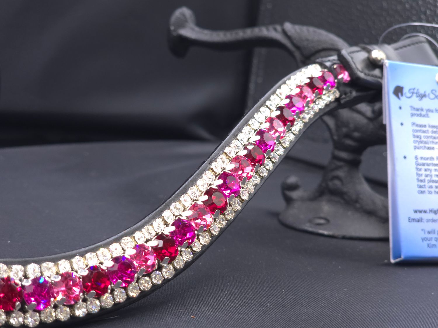 Med. U Shape 3 Row 8.5/4m PRECIOSA Glass Crystal)   * Easy On/Off Crystal Rivet Button Closure   *  BLACK or BROWN Leather Browband  *(PINK) Rose, Fuschia, Ruby &amp; Clear