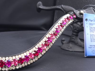 Med. U Shape 3 Row 8.5/4m PRECIOSA Glass Crystal)   * Easy On/Off Crystal Rivet Button Closure   *  BLACK or BROWN Leather Browband  *(PINK) Rose, Fuschia, Ruby &amp; Clear