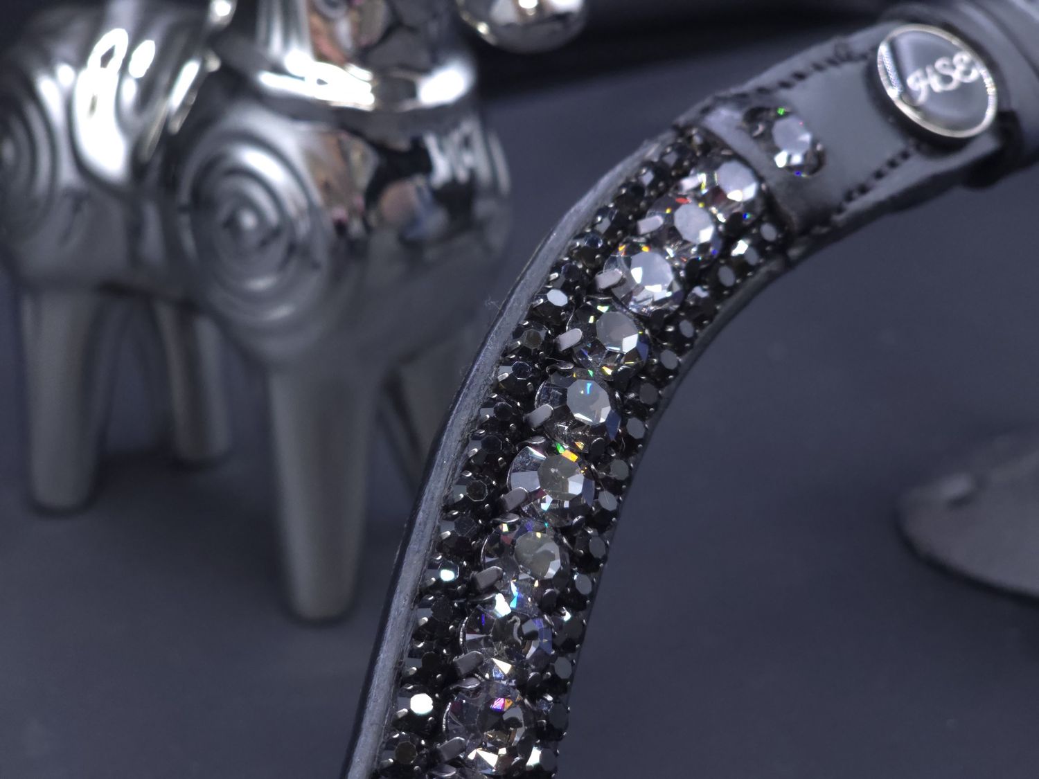 X-Deep U   * 3 Row (8.5mm, 4mm PRECIOSA Glass Crystal)  * Easy On/Off Snap   * BLACK or BROWN Italian Leather Browband  *  Nightfall, Jet Balk Crystals