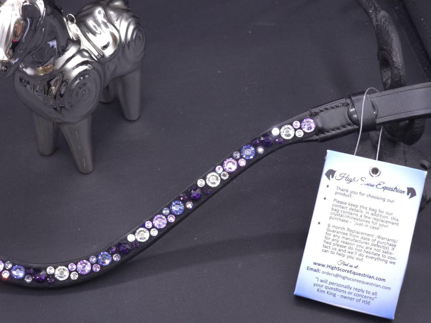 Tanzanite, Violet, Deep Purple &amp; Clear  Hot Fix “NO SNAG” Glass Crystal Easy Snap On/Off – BLACK or BROWN Leather Browband