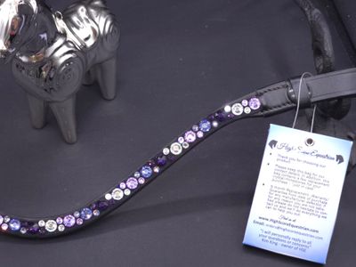 Tanzanite, Violet, Deep Purple &amp; Clear  Hot Fix “NO SNAG” Glass Crystal, Easy Snap On/Off – BLACK or BROWN Leather Browband