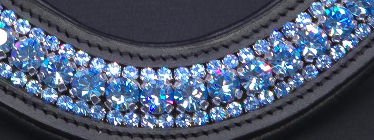 Med. U Shape 3 Row (8.5/4m PRECIOSA Glass Crystal)  * Easy On/Off Crystal Rivet Button Closure   *BLACK or BROWN Leather Browband  * Sapphire Crystals