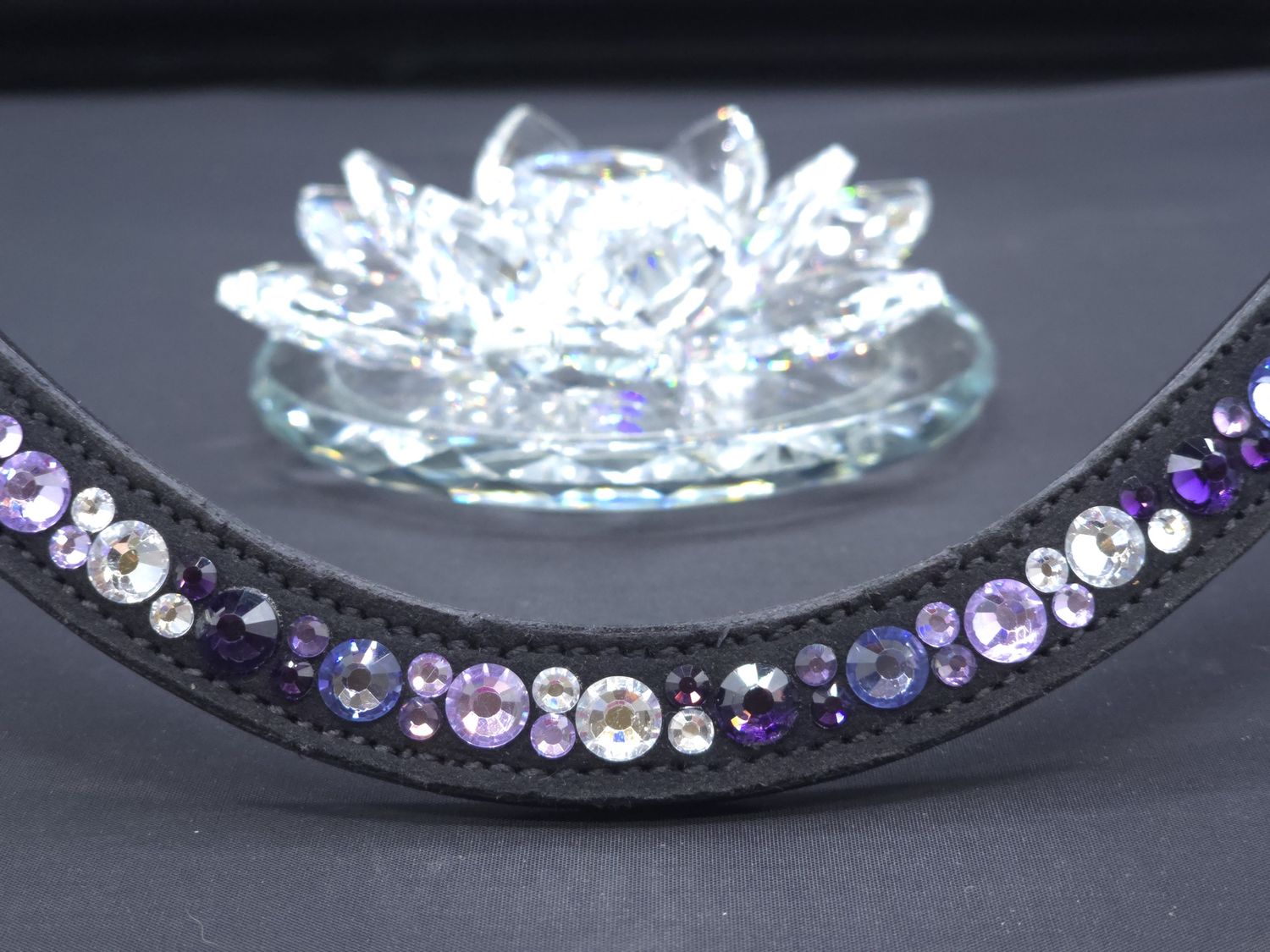 X-Deep U  * Mix Pattern (7/4mm ARIANA “NO SNAG Secure-Stitch" Hot Fix Glass Crystal)   * Easy On/Off Crystal Rivet Button Closure   * BLACK or BROWN Italian Leather Browband  *Tanzanite, Violet &amp; Clea