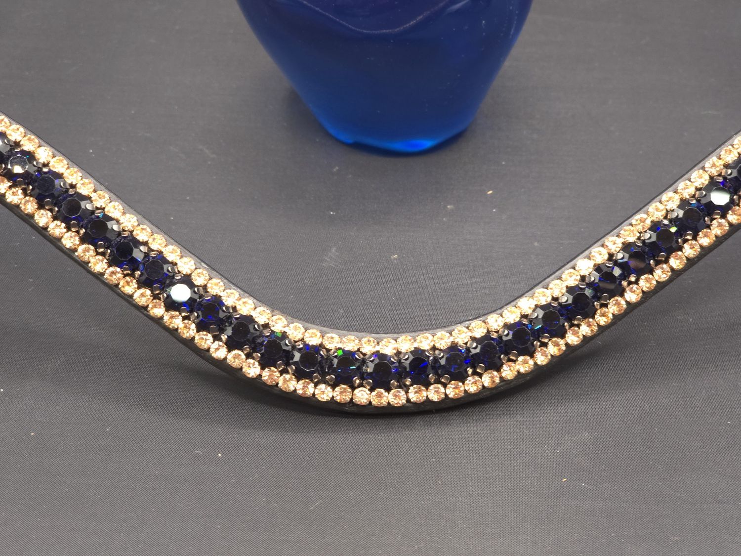 X-Deep U * 3 Row (8.5mm, 4mm PRECIOSA Glass Crystal)  * Easy On/Off Snap   * BLACK or BROWN Italian Leather Browband  *  Navy Blue &amp; Rose Gold Crystal