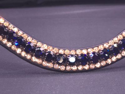 X-Deep U * 3 Row (8.5mm, 4mm PRECIOSA Glass Crystal)  * Easy On/Off Snap   * BLACK or BROWN Italian Leather Browband  *  Navy Blue &amp; Rose Gold Crystal