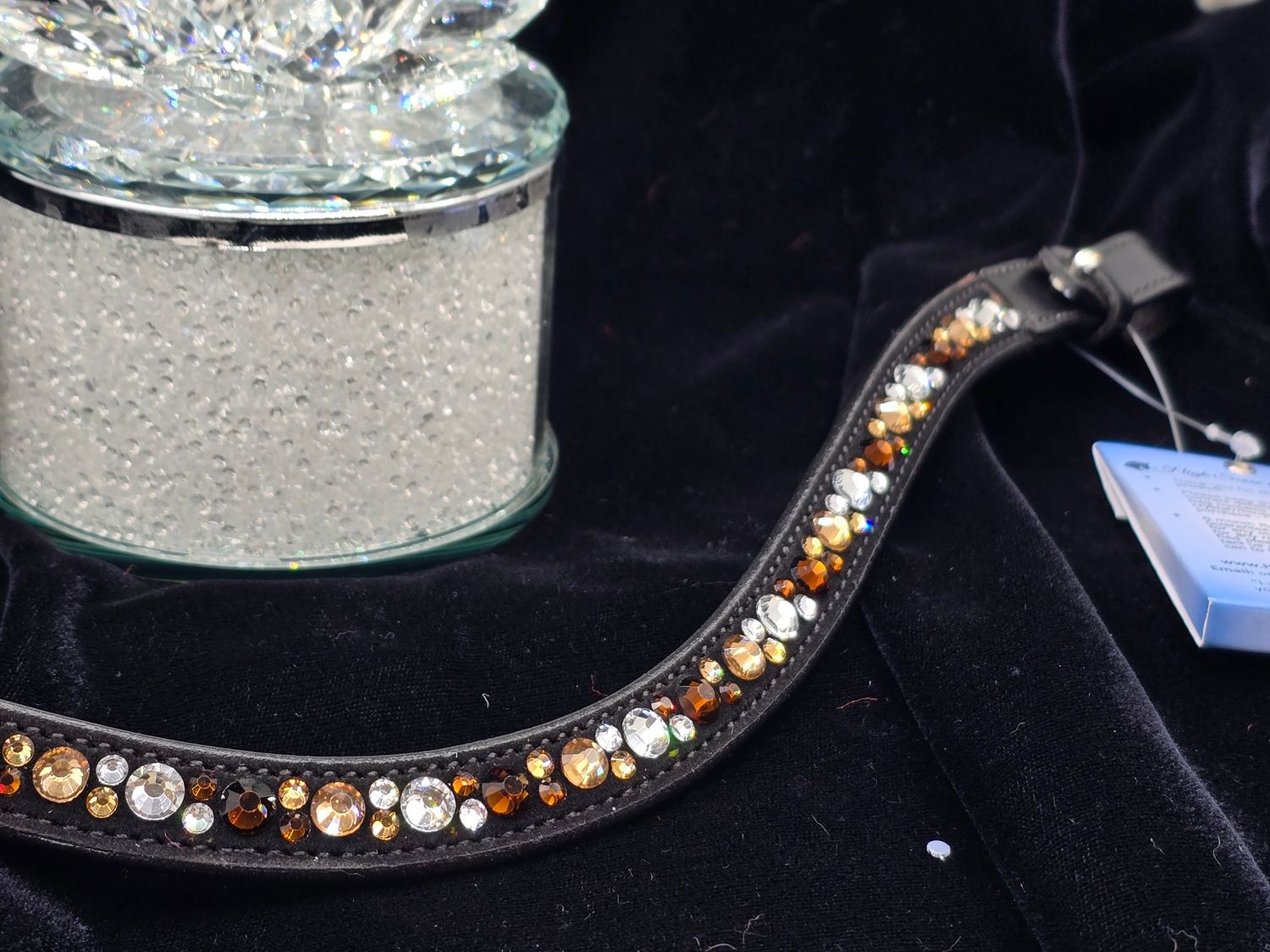Med. U Mix Pattern  ARIANA “NO SNAG Secure-Stitch" Hot Fix Glass Crystal) * Easy On/Off Crystal Rivet Button Closure   * BLACK or BROWN Leather Browband  *Mocha, Lt. Colorado Topaz &amp; Clear
