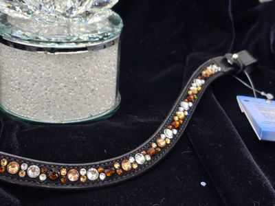 Med. U Mix Pattern  ARIANA “NO SNAG Secure-Stitch" Hot Fix Glass Crystal) * Easy On/Off Crystal Rivet Button Closure   * BLACK or BROWN Leather Browband  *Mocha, Lt. Colorado Topaz &amp; Clear