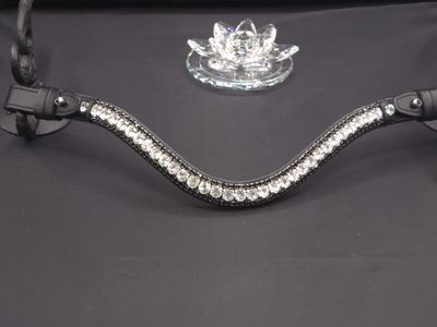 Med. U * 3 Row (8.5mm, 4mm PRECIOSA Glass Crystal) * Easy On/Off Crystal Rivet Button Closure * BLACK  Italian Leather Browband *Clear 40ss and Jet Black Crystals