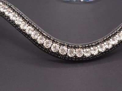 Med. U * 3 Row (8.5mm, 4mm PRECIOSA Glass Crystal) * Easy On/Off Crystal Rivet Button Closure * BLACK  Italian Leather Browband *Clear 40ss and Jet Black Crystals