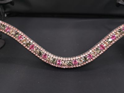 Med. U Shape 3 Row (8.5/4m PRECIOSA Glass Crystal)  * Easy On/Off Snap *BLACK or BROWN Leather Browband *Rose,Vintage Rose, Blk Diam , Lt. Rose Crystals