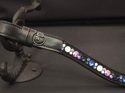 Lt. Sapphire, Montana, Opal and Iridescent Hot Fix “NO SNAG Secure-Stitch" Snap-On Easy On/Off Crystal Rivet Button Closure BLACK or BROWN Leather Browband