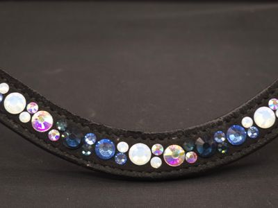 Lt. Sapphire, Montana, Opal and Iridescent Hot Fix “NO SNAG Secure-Stitch" Snap-On Easy On/Off Crystal Rivet Button Closure BLACK or BROWN Leather Browband
