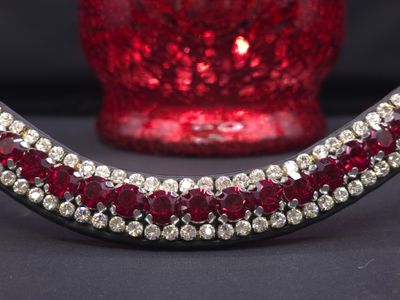 3 Row (8.5mm, 4mm PRECIOSA Glass Crystal) * Easy On/Off Crystal Rivet Button Closure * BLACK  Italian Leather Browband * Rich Red (Lt. Siam Red) and Clear Crystals