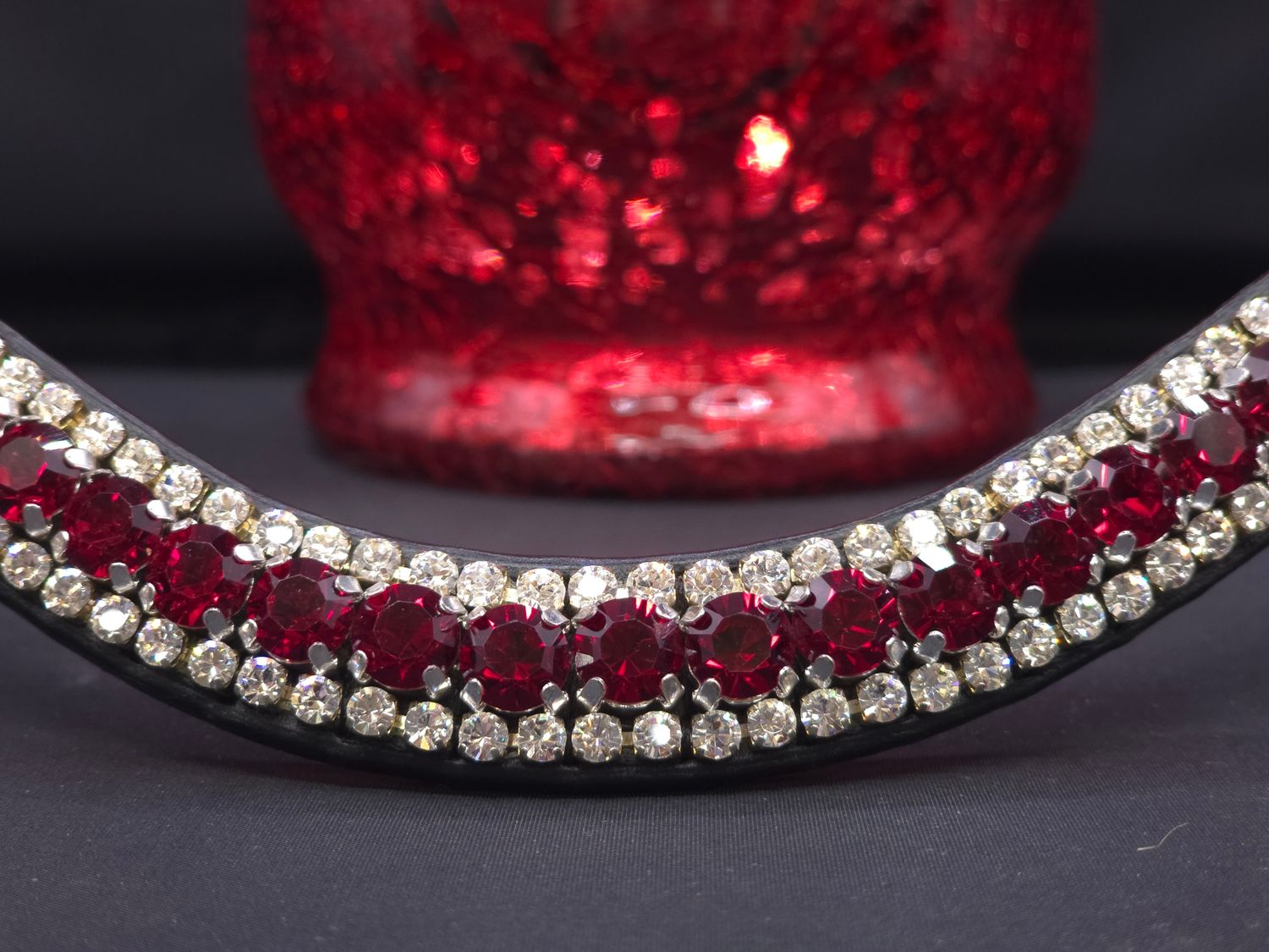 3 Row (8.5mm, 4mm PRECIOSA Glass Crystal) * Easy On/Off Crystal Rivet Button Closure * BLACK  Italian Leather Browband * Rich Red (Lt. Siam Red) and Clear Crystals