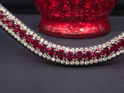 3 Row (8.5mm, 4mm PRECIOSA Glass Crystal) * Easy On/Off Crystal Rivet Button Closure * BLACK  Italian Leather Browband * Rich Red (Lt. Siam Red) and Clear Crystals