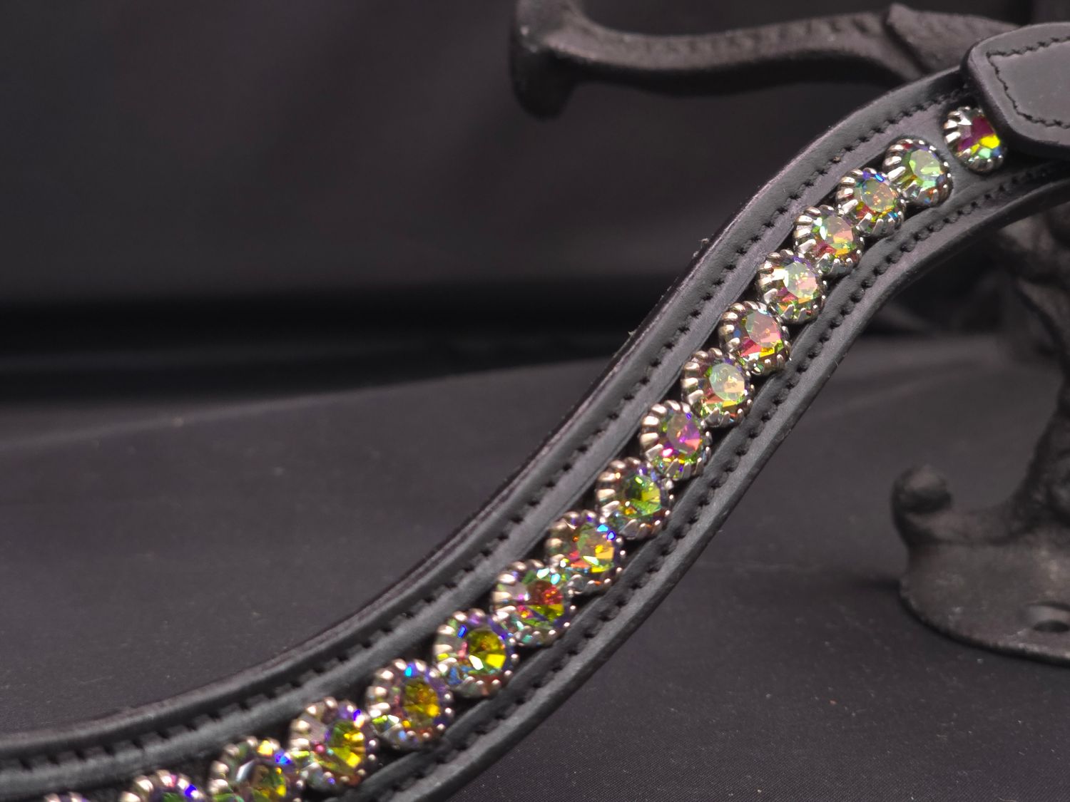 * Black Rainbow - Med U Shape *1 Row (8.5m PRECIOSA Glass Crystal)* Easy On/Off Crystal Rivet Button Closure BLACK Leather Vitrail MediumCrystal