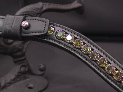 * Black Rainbow - Med U Shape *1 Row (8.5m PRECIOSA Glass Crystal)* Easy On/Off Crystal Rivet Button Closure BLACK Leather Vitrail MediumCrystal