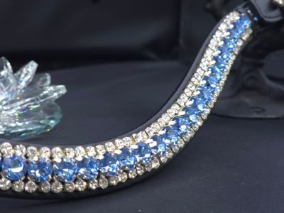 Med. U Shape 3 Row (8.5/4m PRECIOSA Glass Crystal)  * Easy On/Off Crystal Rivet Button Closure   *BLACK or BROWN Leather Browband  *Lt. Sapphire and Clear