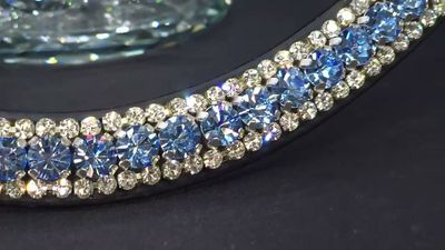 Med. U Shape 3 Row (8.5/4m PRECIOSA Glass Crystal)  * Easy On/Off Crystal Rivet Button Closure   *BLACK or BROWN Leather Browband  *Lt. Sapphire and Clear