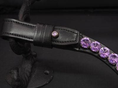 Deep U * 1 Row (11 mm PRECIOSA Glass Crystal) * Easy On/Off Crystal Rivet Button Closure * BLACK or BROWN Italian Leather Browband *Violet Crystal