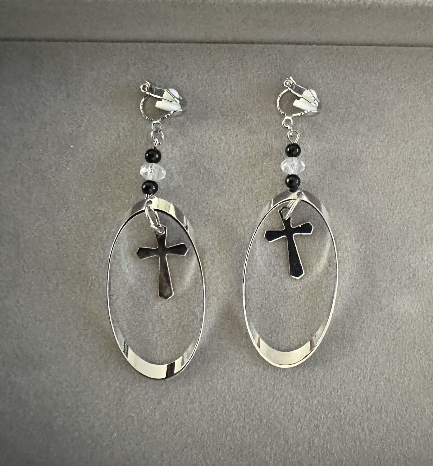 silver oval hoops w/ cross