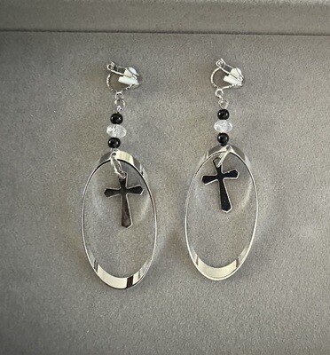 silver oval hoops w/ cross