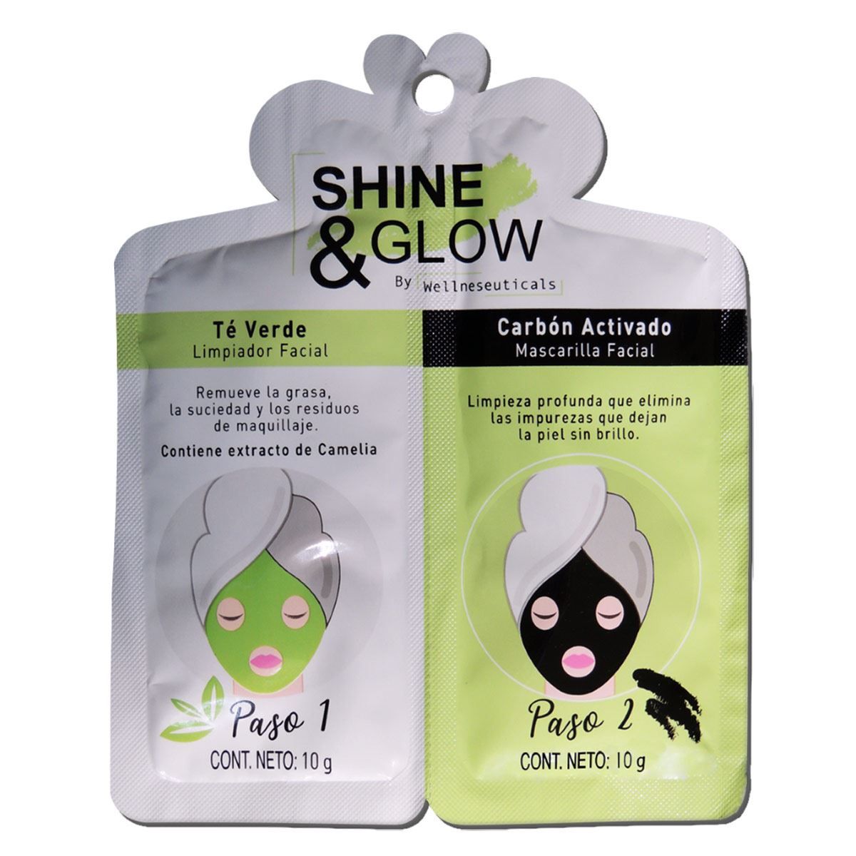 MASCARILLA FACIAL TE VERDE, CARBON ACTIVADO PZA 10 G SHINE &amp; GLOW