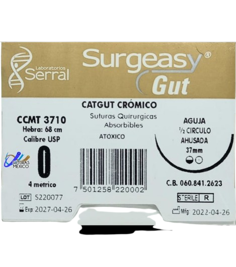 SUTURA GUT CATGUT CROMICO 0  CCMT3710 35-37 MM ABSORBIBLE NATURAL 12 PZA SERRAL