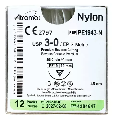 SUTURA 3-0 NYLON PE19 PREMIUM 19MM 3/8 CIR 12 PZAS ATRAMAT