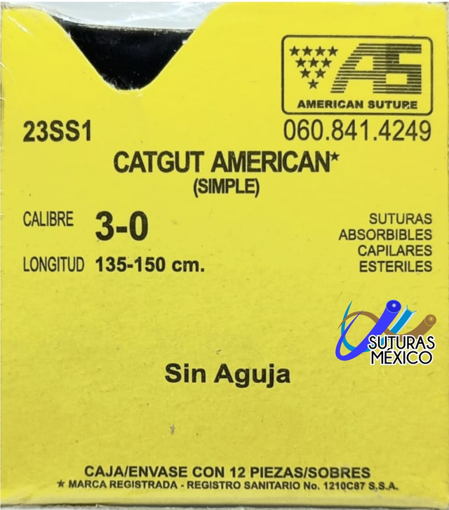 SUTURA GUT CATGUT SIMPLE 3-0 CSSA30 135-150 CM ABSORBIBLE NATURAL 12 PZA SERRAL