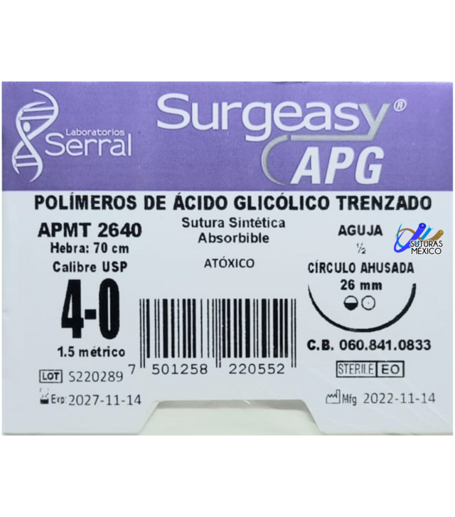 SUTURA APG ACIDO PLIGLICOLICO TRENZADO 4-0 APMT2640 25-26 MM ABSORBIBLE SINTETICA 12 PZA SERRAL