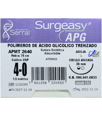 SUTURA APG ACIDO PLIGLICOLICO TRENZADO 4-0 APMT2640 25-26 MM ABSORBIBLE SINTETICA 12 PZA SERRAL