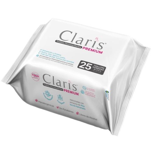 TOALLAS HÚMEDAS DESMAQUILLANTES PAQUETE 25 PIEZAS CLARIS PREMIUM