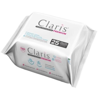 TOALLAS HÚMEDAS DESMAQUILLANTES PAQUETE 25 PIEZAS CLARIS PREMIUM