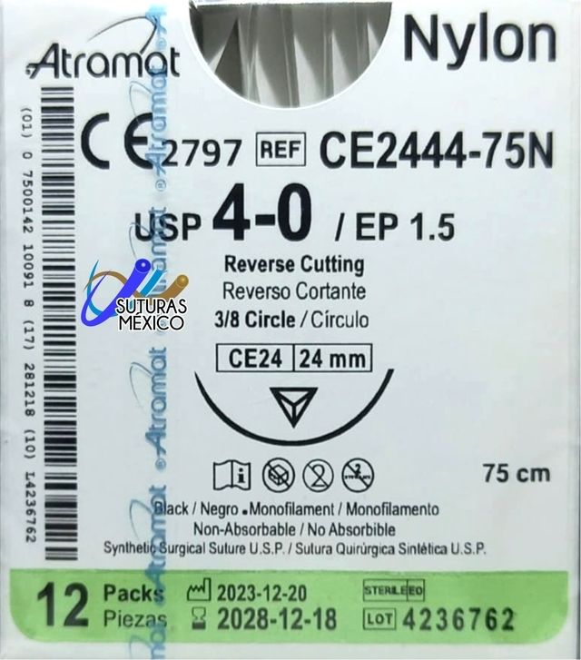 SUTURA 4-0 45 CM NYLON NEGRO PE24 REVERSO PREMIUM 24 MM 3/8 CIR 12 PZAS ATRAMAT
