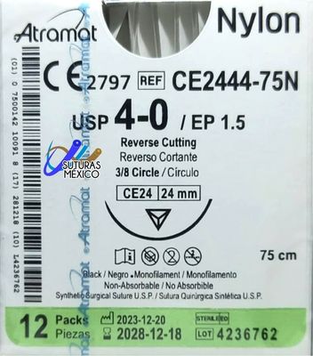 SUTURA 4-0 45 CM NYLON NEGRO PE24 REVERSO PREMIUM 24 MM 3/8 CIR 12 PZAS ATRAMAT