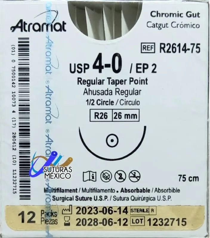 SUTURA 4-0 CATGUT CROMICO 75 CM AHUSADA PREMIUM 26 MM 1/2 CIR 12 PZAS ATRAMAT
