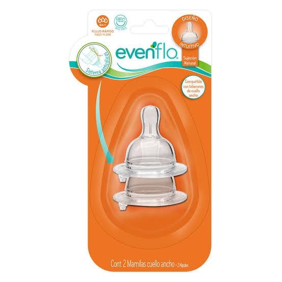 MAMILA EVENFLO CUELLO ANCHO FLUJO MEDIO 6M+ 2 PZA